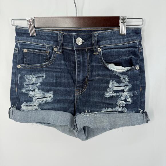 American Eagle Outfitters Pants - American Eagle Hi-Rise Dark Distressed Denim Shorts Size 2 Casual Fall Layering